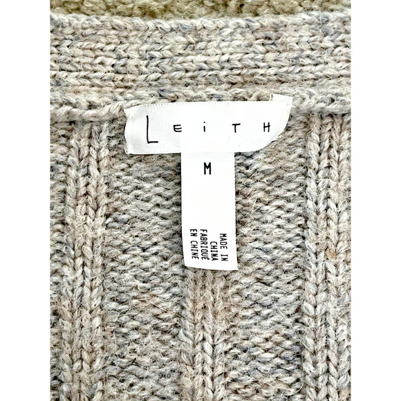 Leith Alpaca Merino Wool Blend Cardigan Womens M Bell Sleeve Ribbed Beige/Gray - Picture 3 of 5